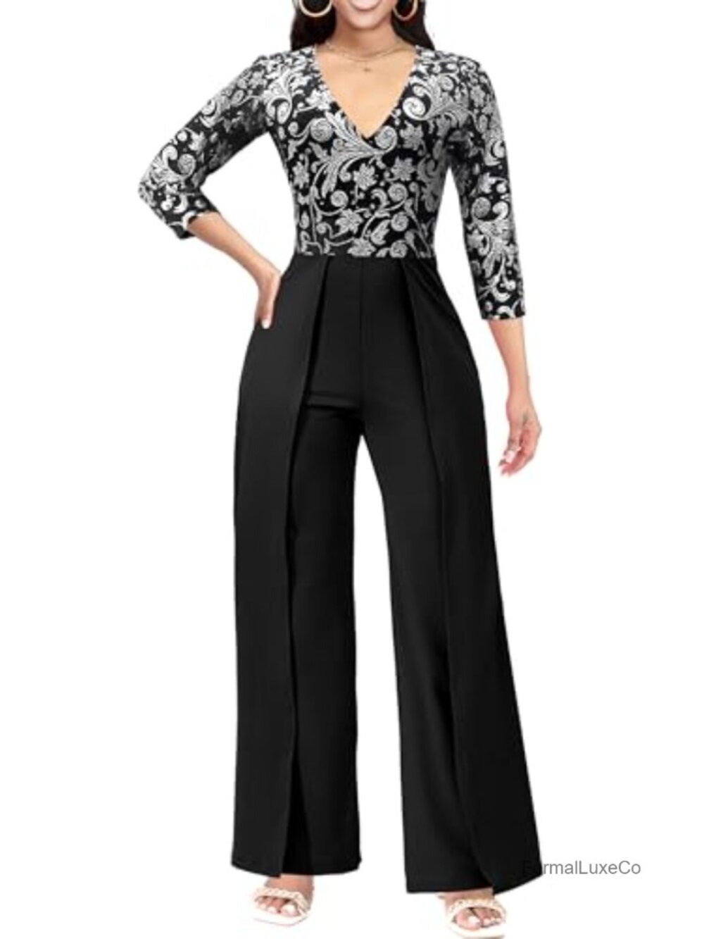 Elegant Formal Jumpsuit 3/4 Sleeve V-Neck High Waist Split Wide Leg Cocktail